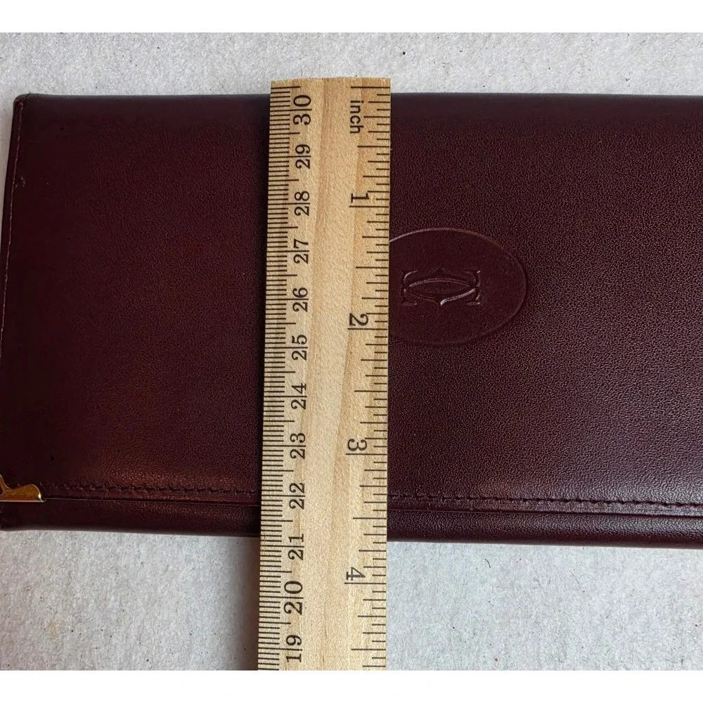 Vintage Must de Cartier Bordeaux Leather Long Flap Wallet Gold Corners Italy 114